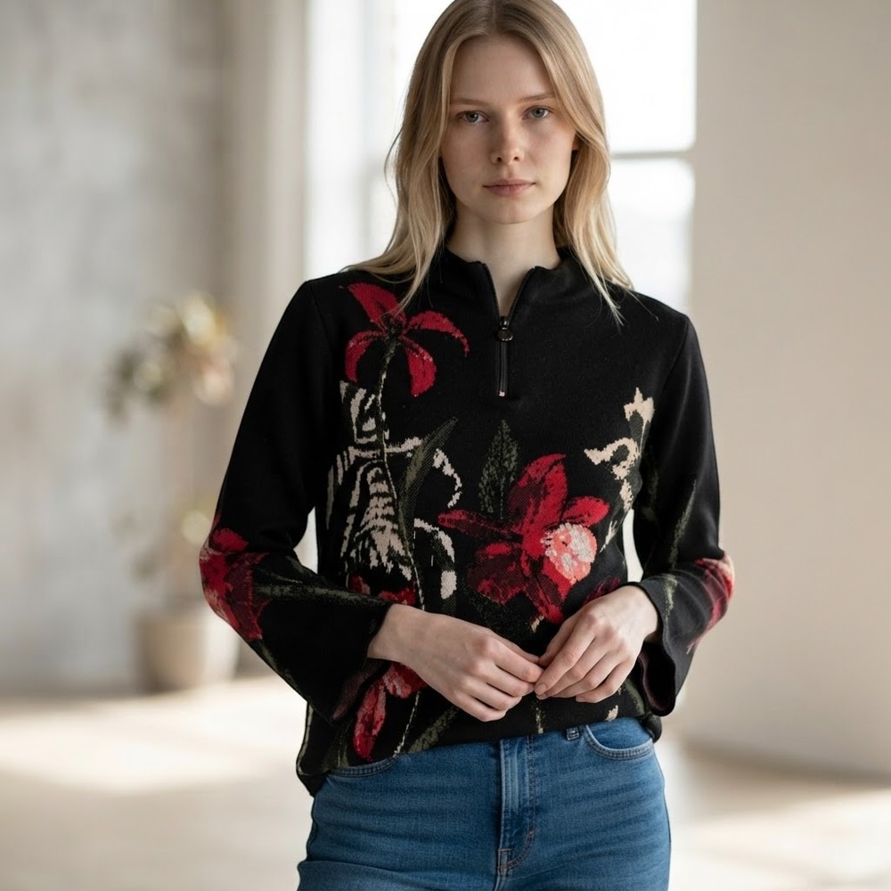 Chicos Floral Quarter Zip Sweater Black Red Rayon Knit Bell Sleeve Size 2 L